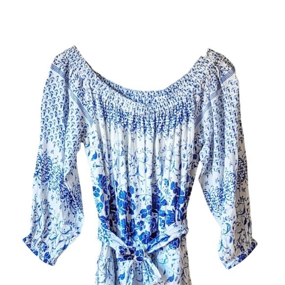 Anthropologie Romper Clemente Belted Off Shoulder Blue Flower Print NWT - Picture 6 of 11